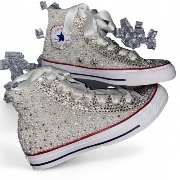 Crystals Diamond & Pearls High Top Converse Sizes 5-14 New With Ribbon Laces - Picture 3 of 15